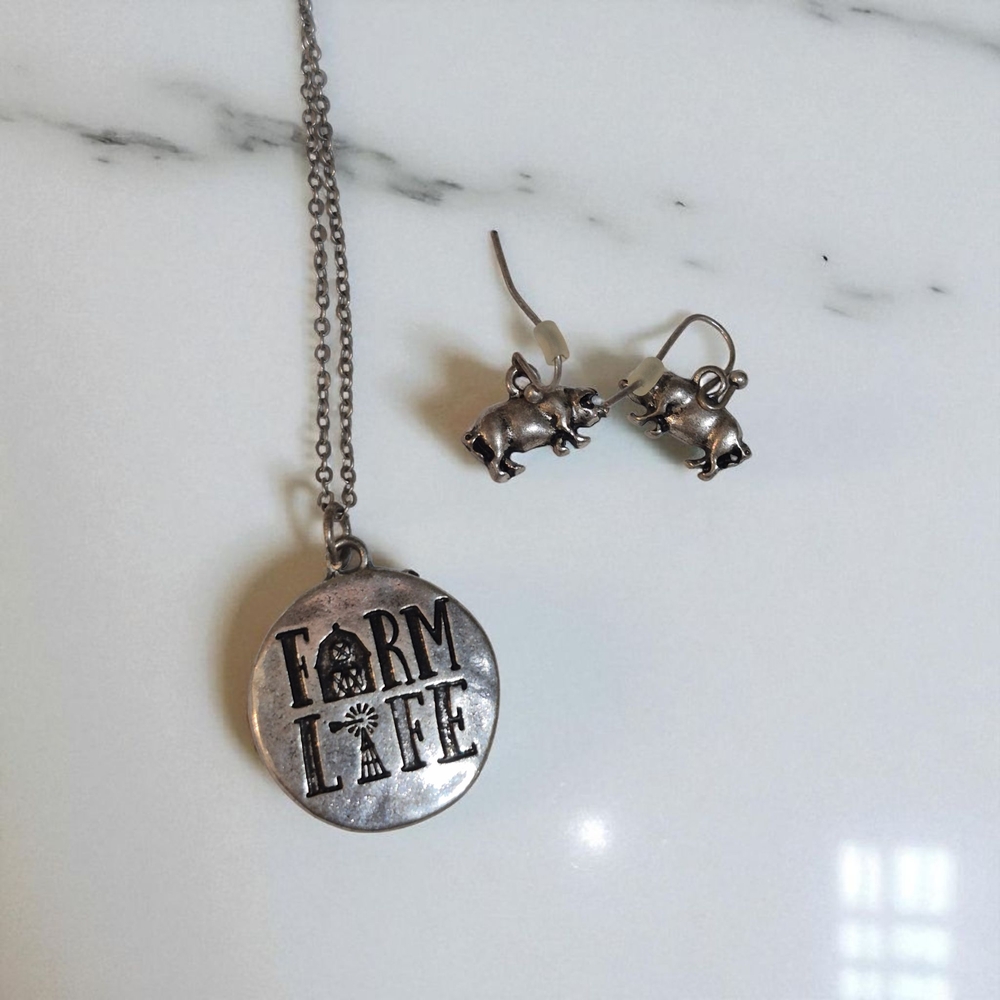 Farm Life Silver Tone Necklace and Pug Earring Set